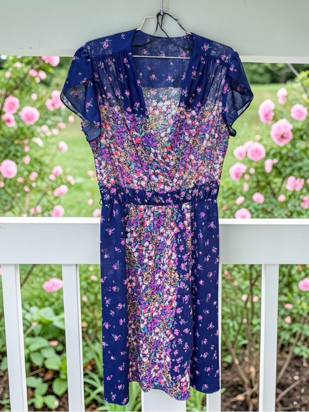 Vintage 1970’s Navy Blue Pink Floral A-Line Sheer Everyday Midi Dress M/L